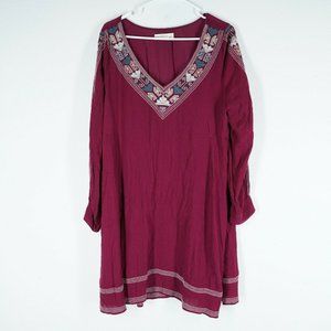 ABERCROMBIE & FITCH Tunic Dress Womens Large Burgundy Embroidered V Neck Boho
